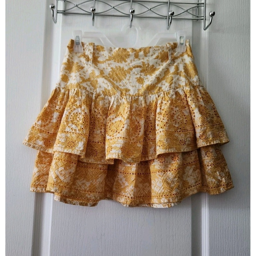 Top Shop Womens‎ Floral Embroidered  Tiered Mini Skirt Yellow White Size 4